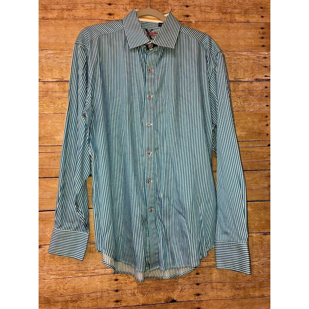 Robert Graham Men's Shirt XL Blue Striped Plaid Accents Long Sleeve